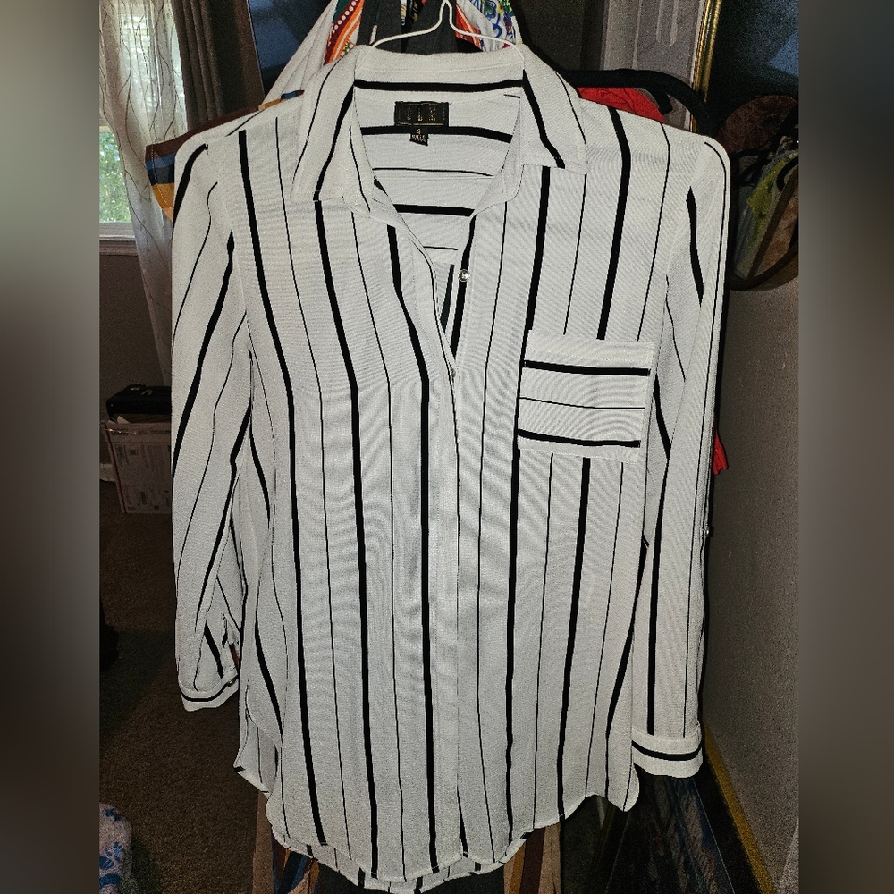 White and Black Button Down Shirt Notched Collar
